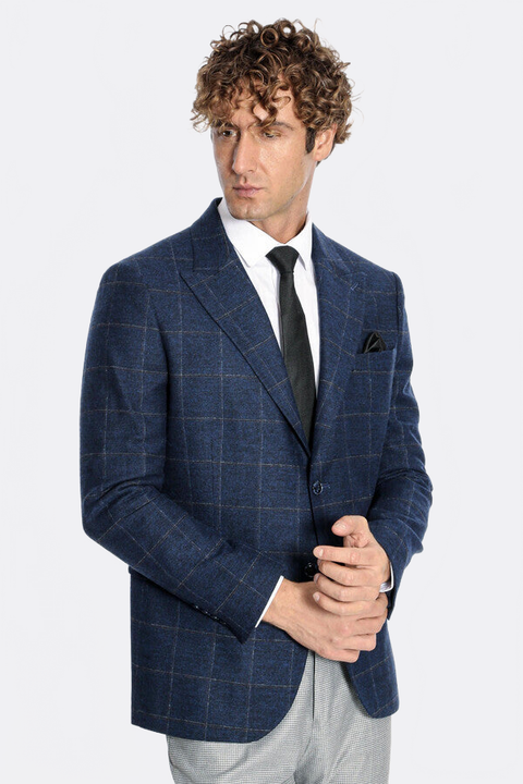 Plaid Wool Navy Blue Men Blazer - Wessi
