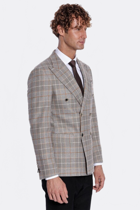 Checked Double Breasted Brown Men Blazer - Wessi