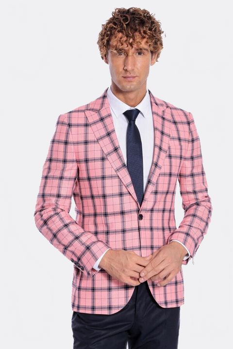 Plaid Slim Fit Pink Men Blazer - Wessi