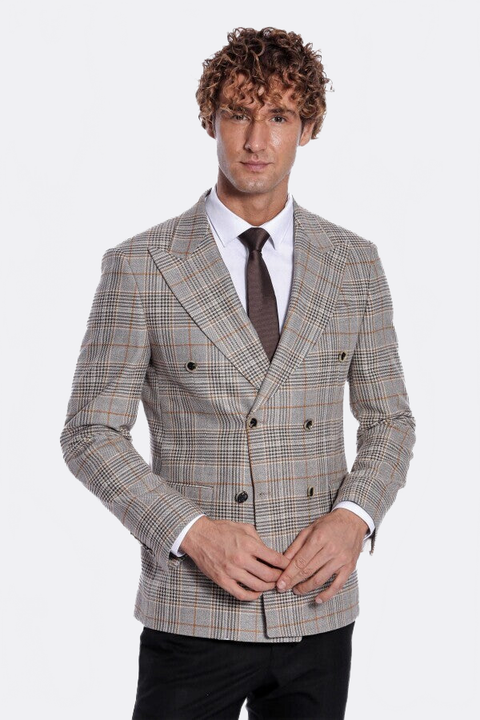 Checked Double Breasted Brown Men Blazer - Wessi
