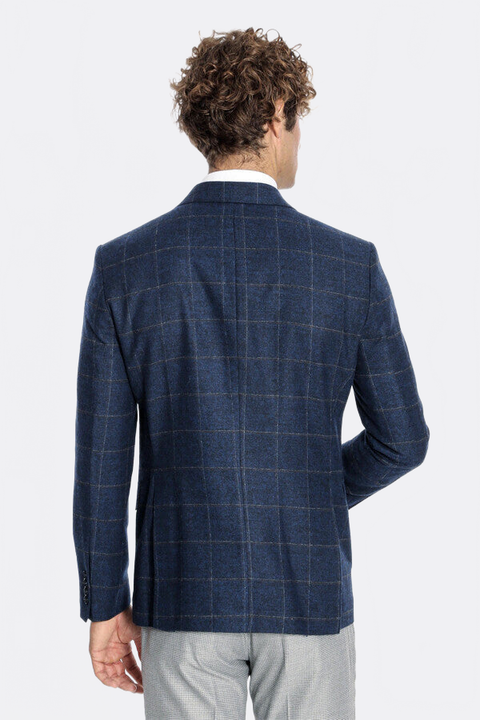 Plaid Wool Navy Blue Men Blazer - Wessi