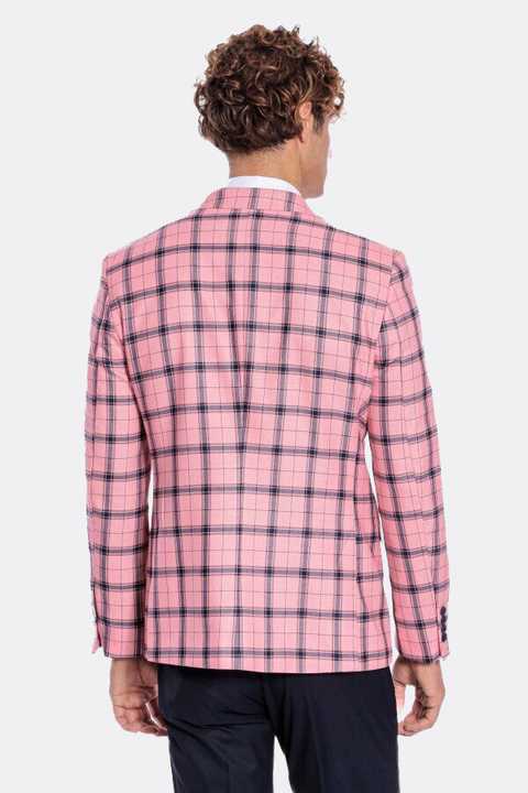 Plaid Slim Fit Pink Men Blazer - Wessi