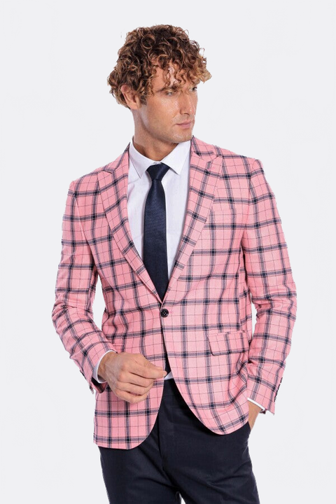 Plaid Slim Fit Pink Men Blazer - Wessi