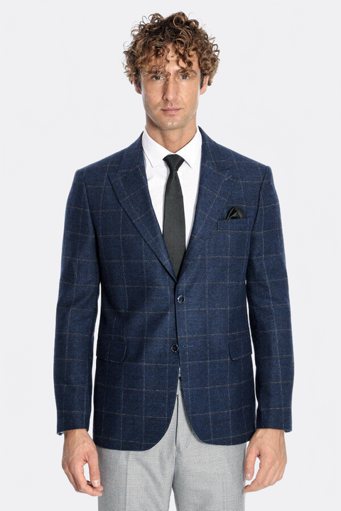 Plaid Wool Navy Blue Men Blazer - Wessi