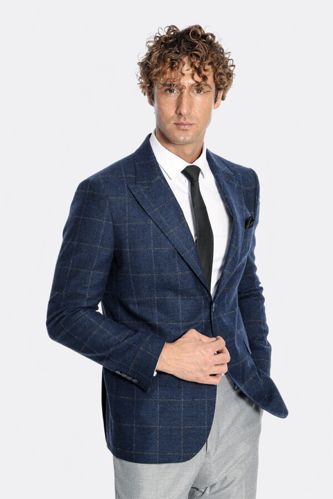 Plaid Wool Navy Blue Men Blazer - Wessi