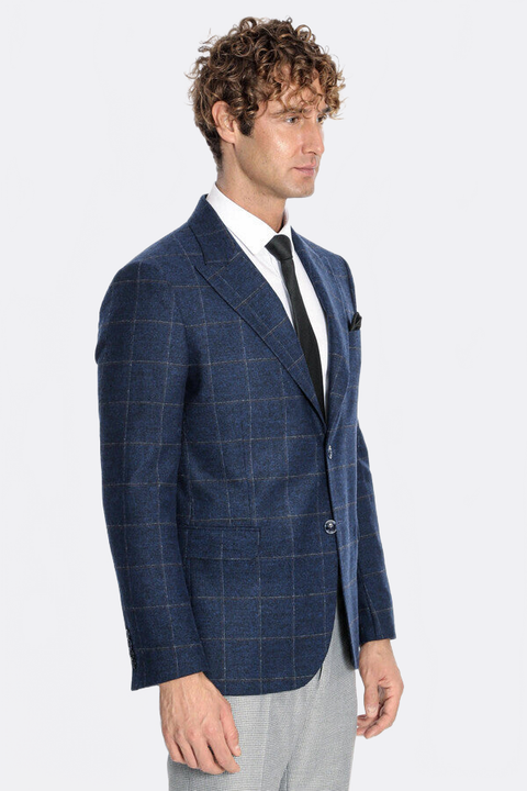 Plaid Wool Navy Blue Men Blazer - Wessi