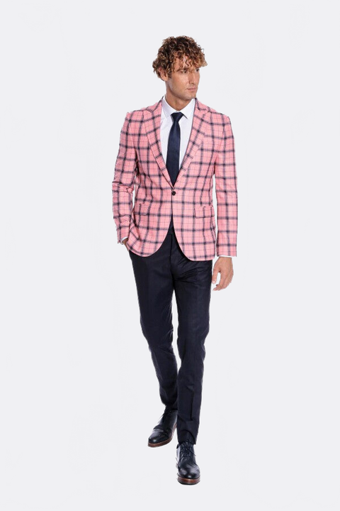 Plaid Slim Fit Pink Men Blazer - Wessi