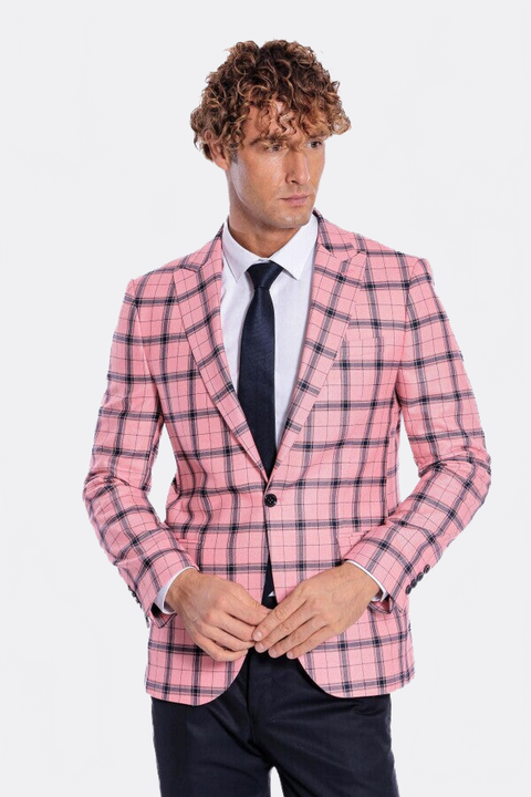 Plaid Slim Fit Pink Men Blazer - Wessi