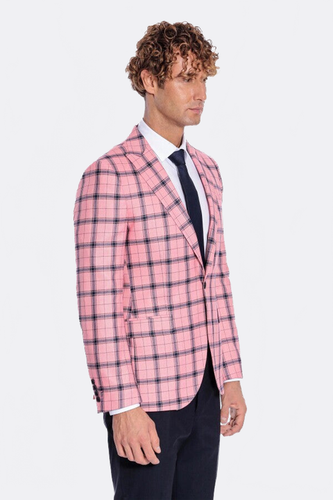 Plaid Slim Fit Pink Men Blazer - Wessi