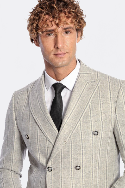 Wide Lapel Striped Double Breasted Grey Men Blazer - Wessi