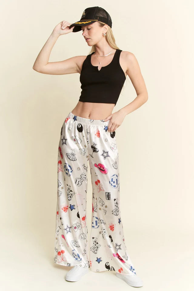 Party Collage Satin Pants Cream