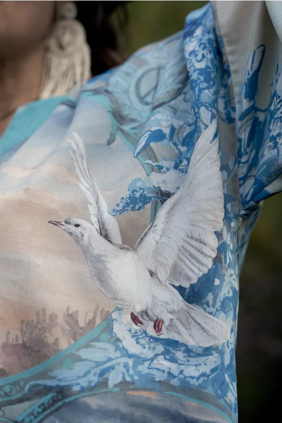 Peace Out Cropped Kimono Pixie Duster with Doves and Sunrise