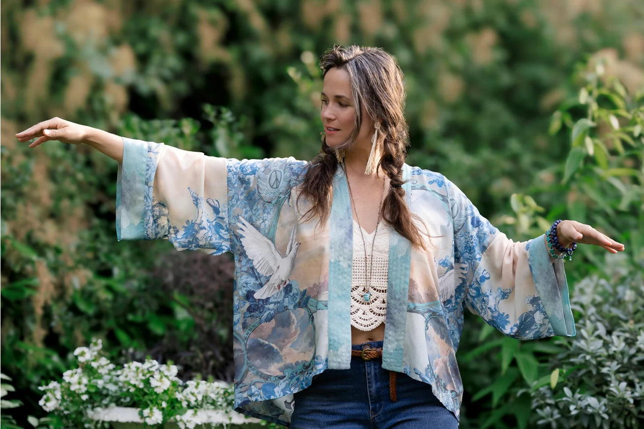 Peace Out Cropped Kimono Pixie Duster with Doves and Sunrise