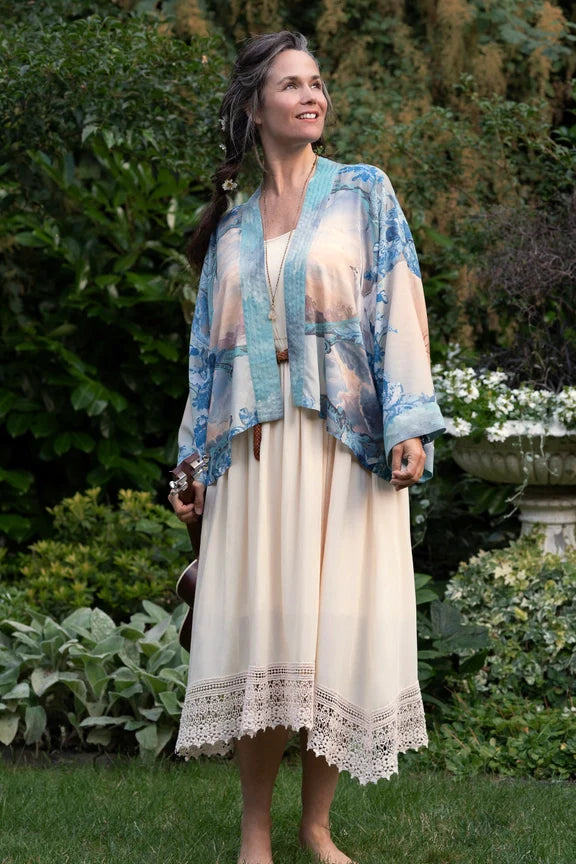 Peace Out Cropped Kimono Pixie Duster with Doves and Sunrise