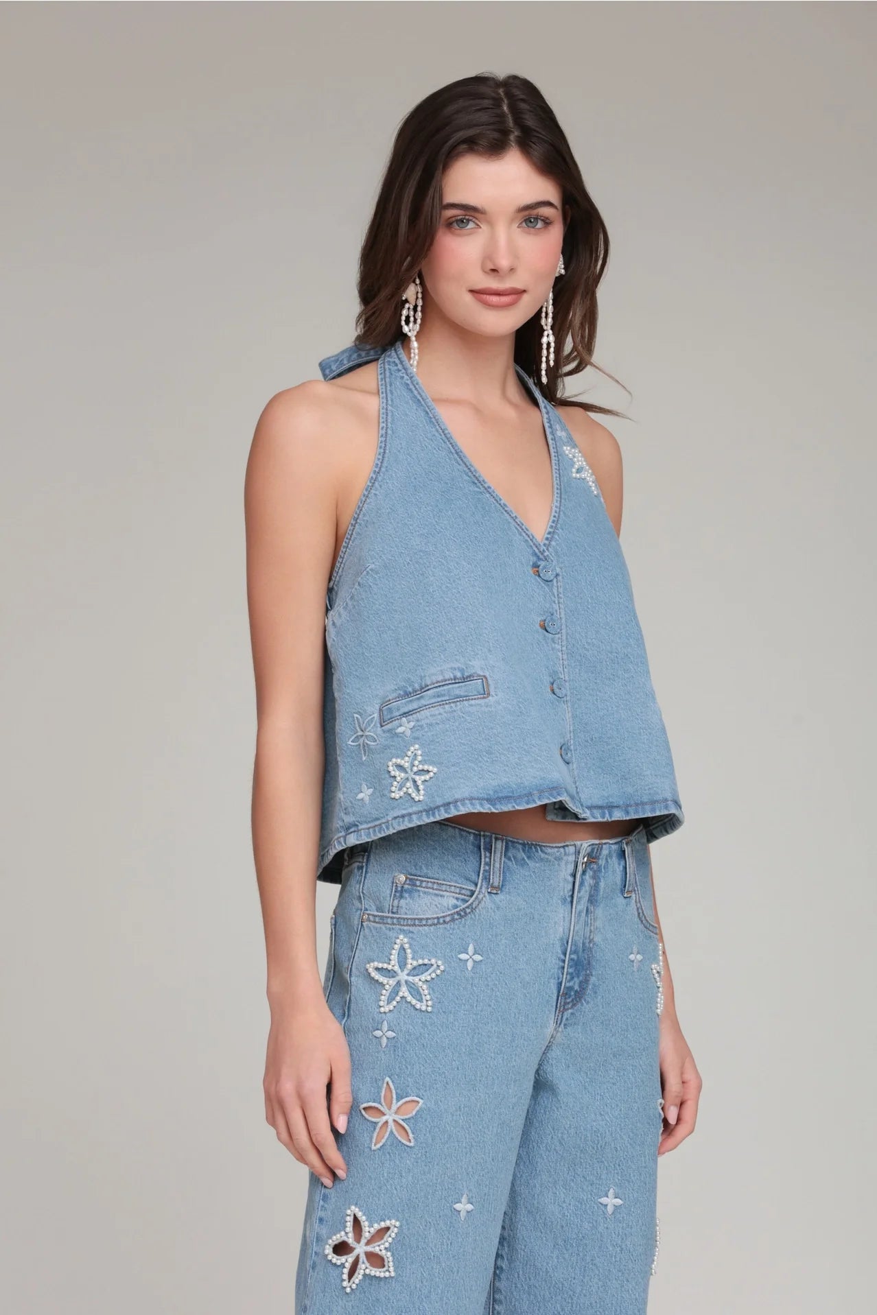 Pearl Fleur Embellished Stretch Denim Vest Top