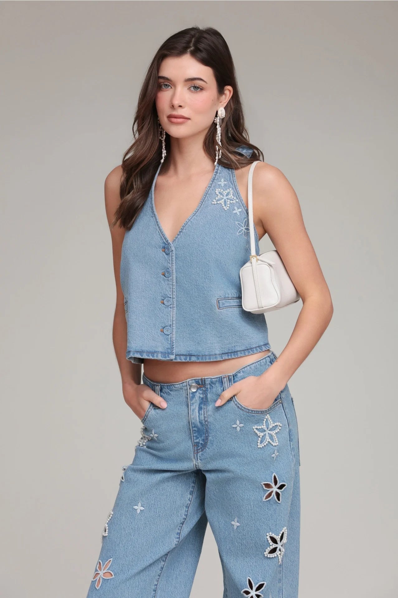 Pearl Fleur Embellished Stretch Denim Vest Top