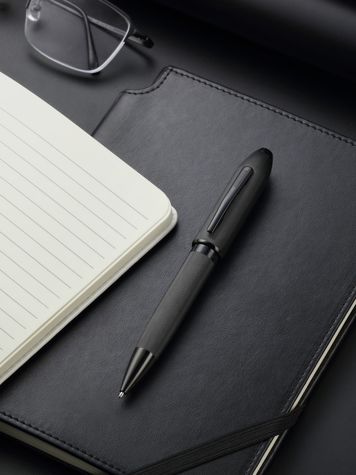 Peerless™ Polished Black PVD Engraved Diamond Pattern with Black PVD Appointments and Swarovski Crystal Ballpoint Pen