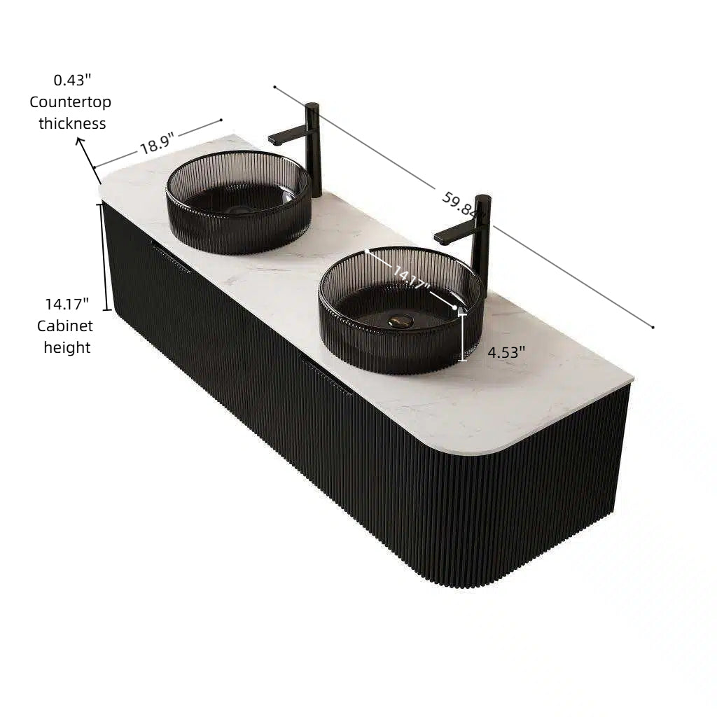 Premium Black Bathroom Vanity with Striped Front Design & Double Sinks