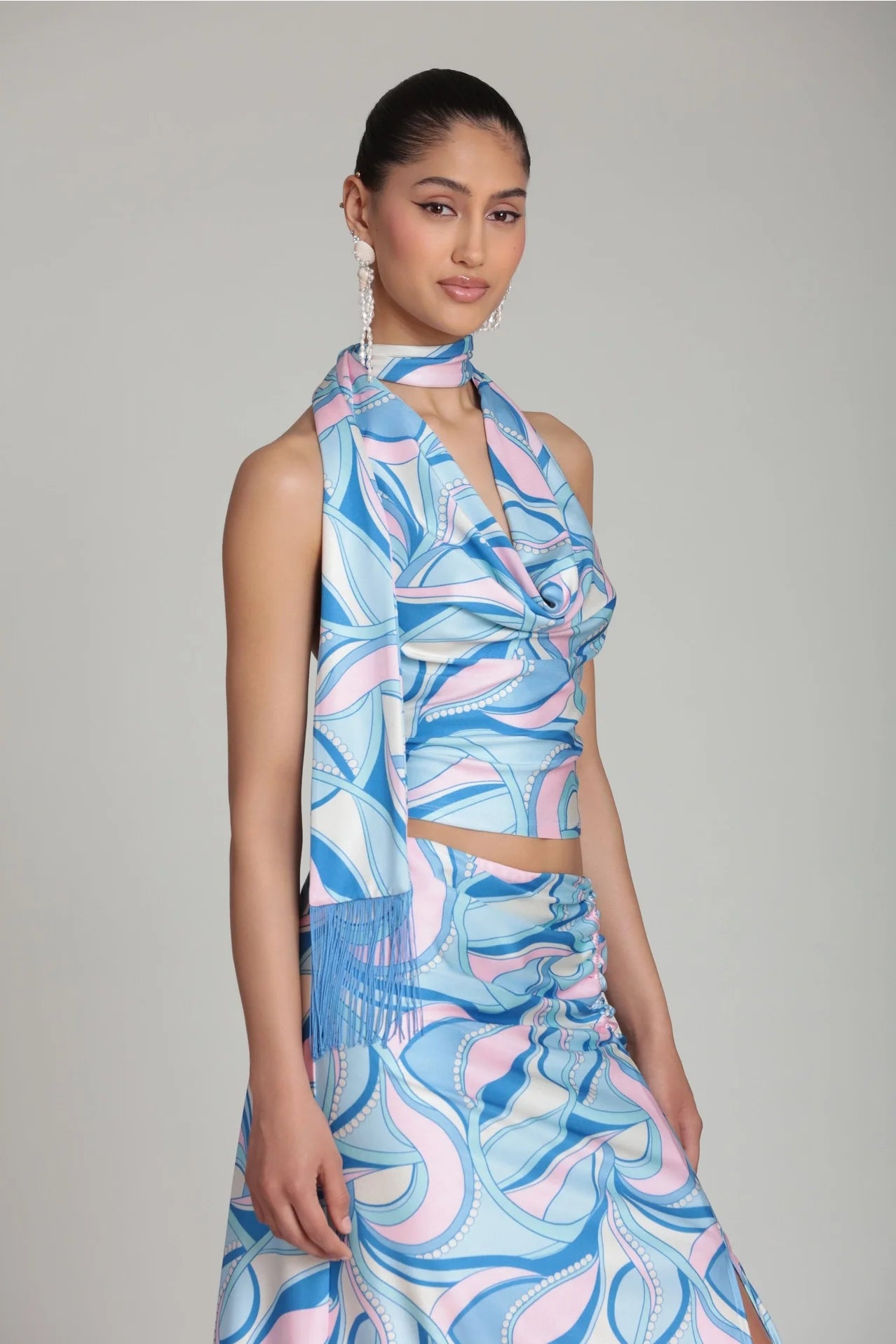 Satin Paisley Scarf Tie Halter Top with Fringe
