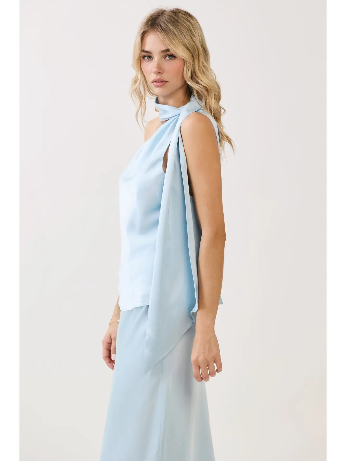 Scarf Neck Accent Open Back Satin Top