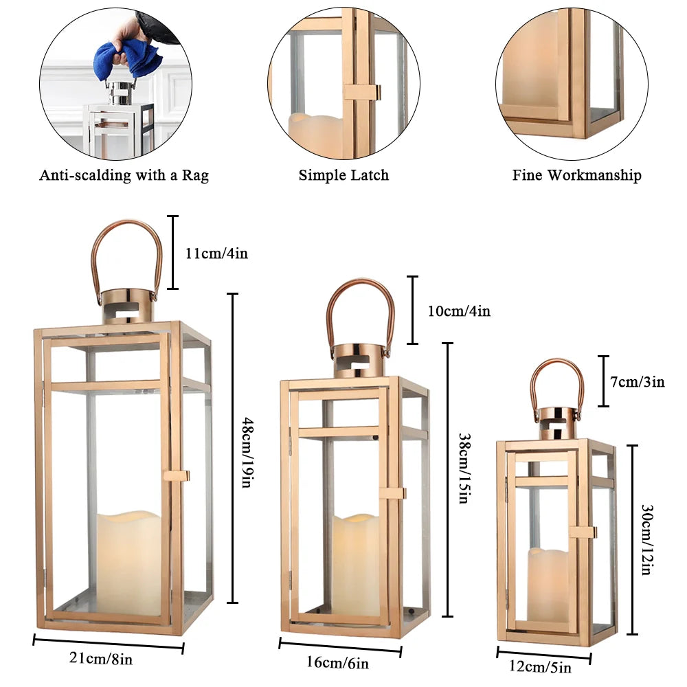 Set of 3 Stainless Steel Lantern  (12/15/19'') -Rose Gold