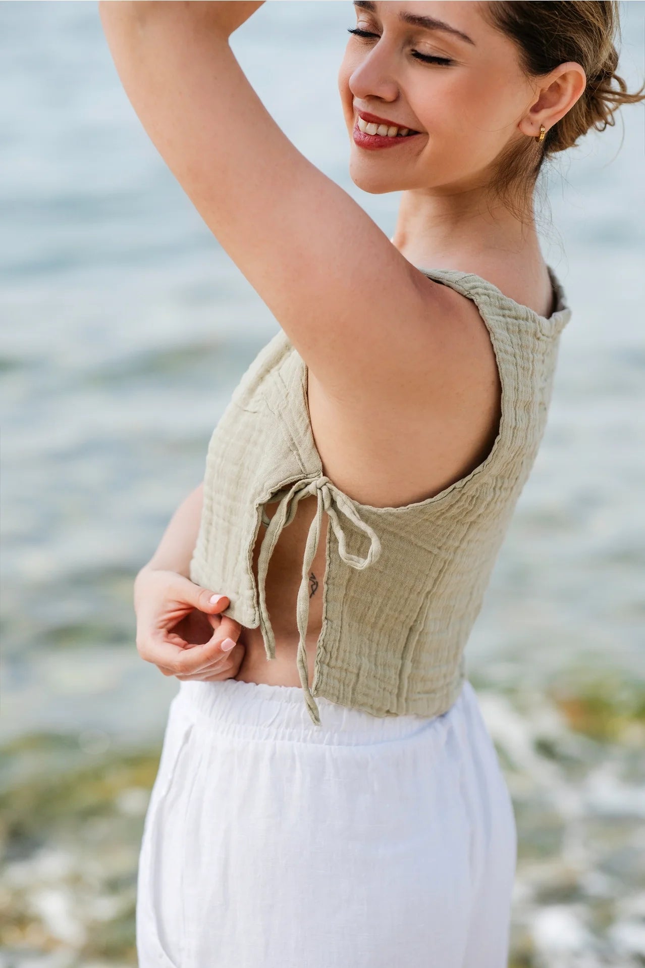 Side Tie Sleeveless Cotton Blouse