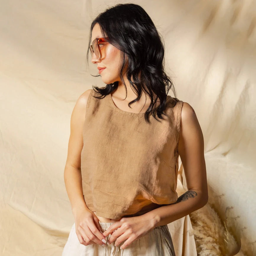 Sleeveless Linen Top Brown