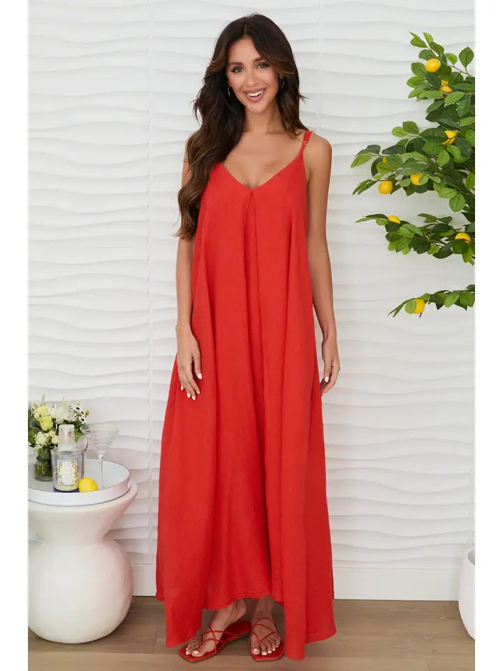 Sleeveless Maxi Loose Dress with Pockets Red