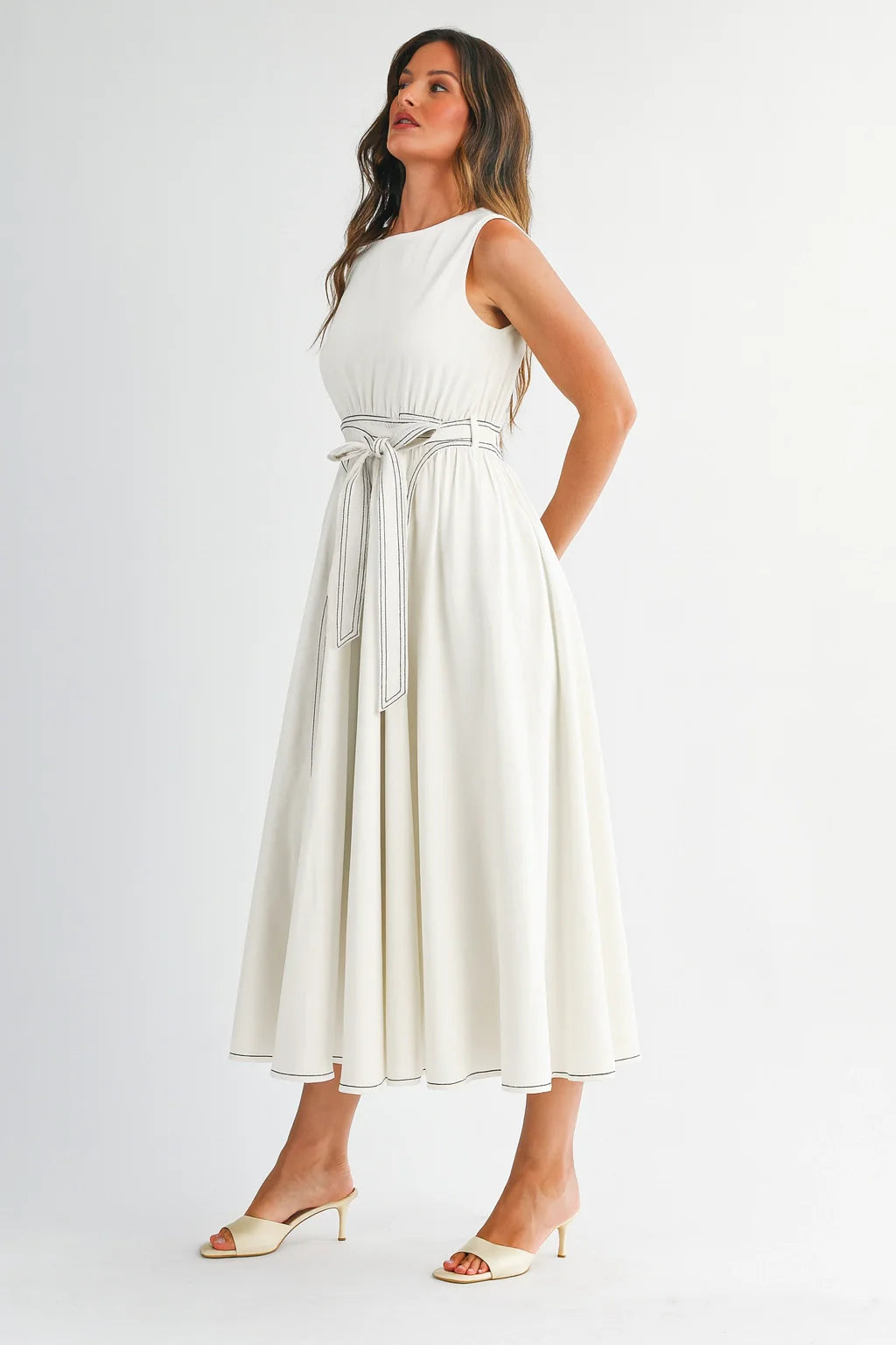 Sleeveless Midi Dress with Waist Tie