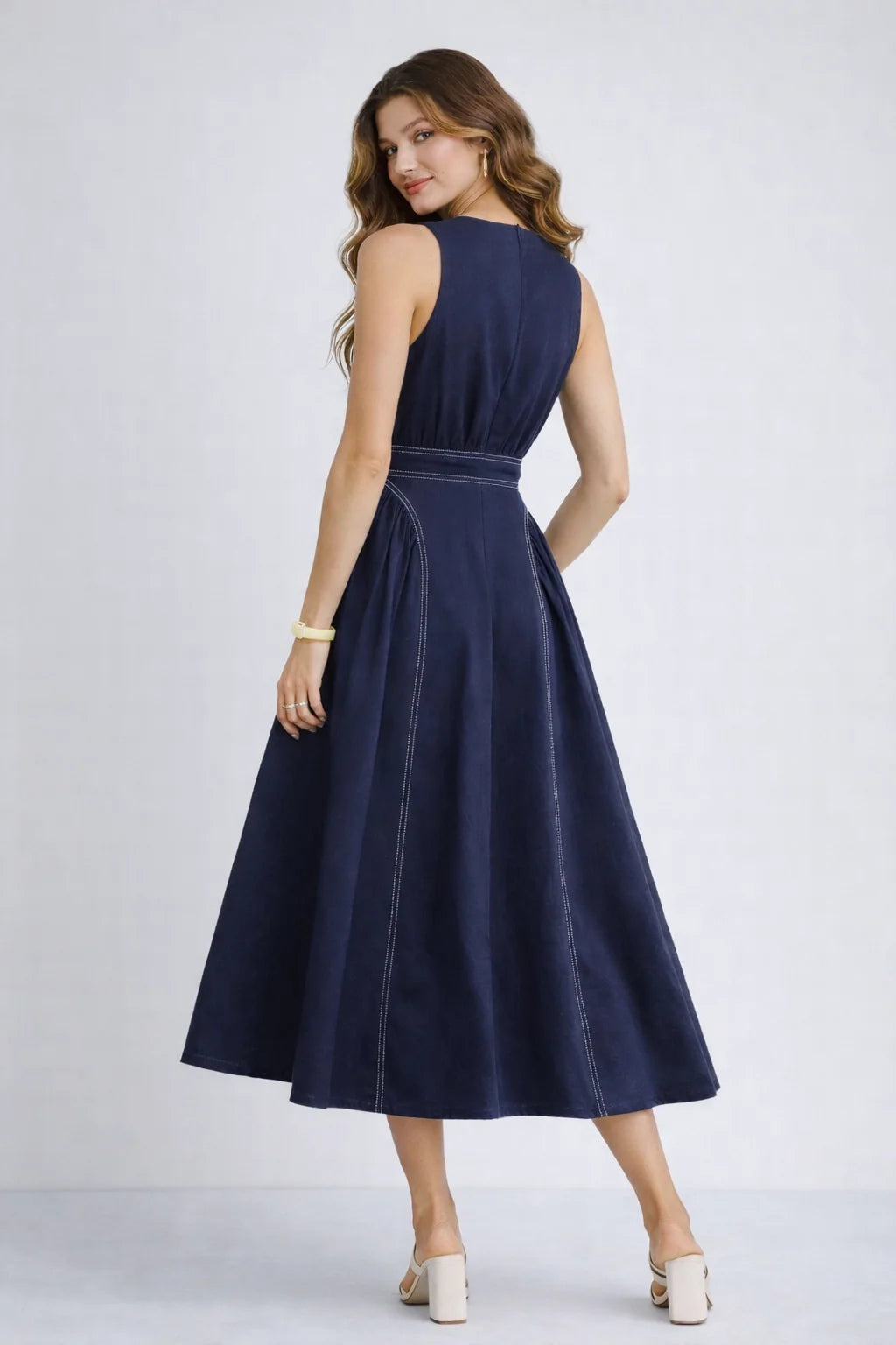 Sleeveless Midi Dress with Waist Tie