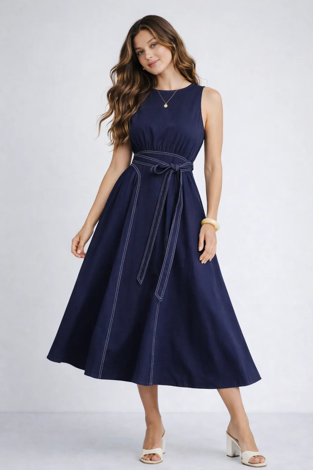 Sleeveless Midi Dress with Waist Tie
