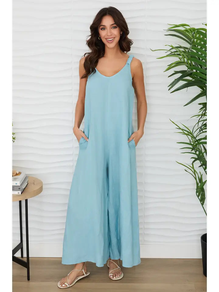 Sleeveless V-Neck Wide Leg Loose Jumpsuit - Blue Zuccero