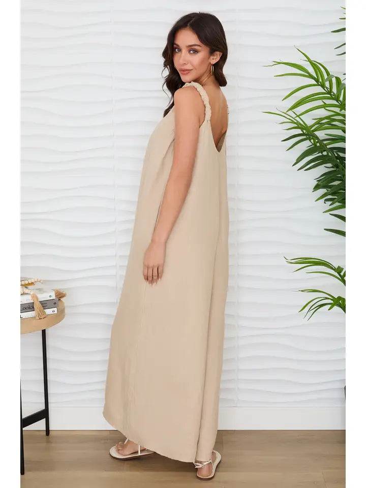 Sleeveless V-Neck Wide Leg Loose Jumpsuit Earth Beige
