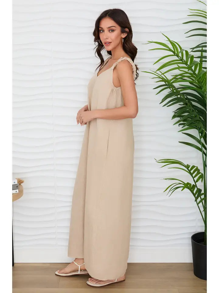 Sleeveless V-Neck Wide Leg Loose Jumpsuit Earth Beige