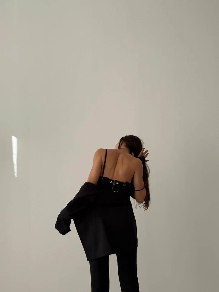 Slit Skinny Pants Crop Top & Jacket Set - Black