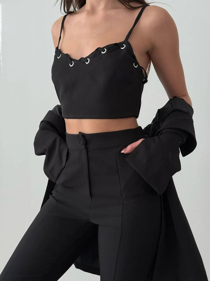 Slit Skinny Pants Crop Top & Jacket Set - Black