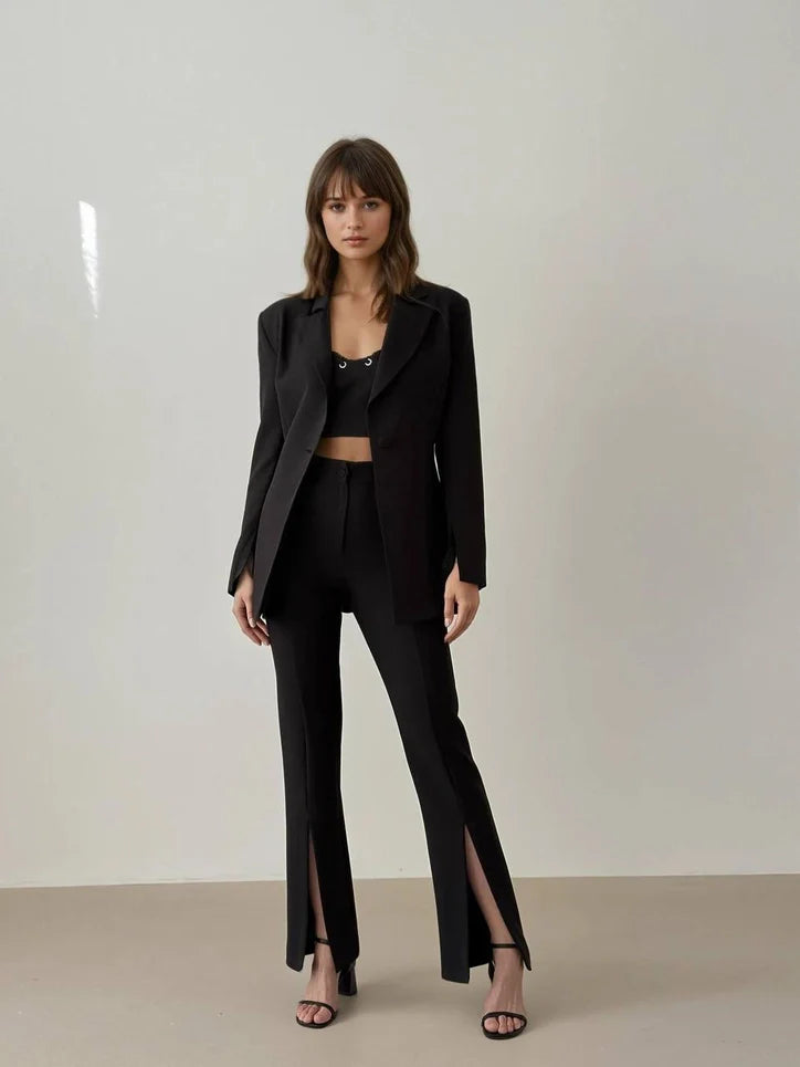 Slit Skinny Pants Crop Top & Jacket Set - Black