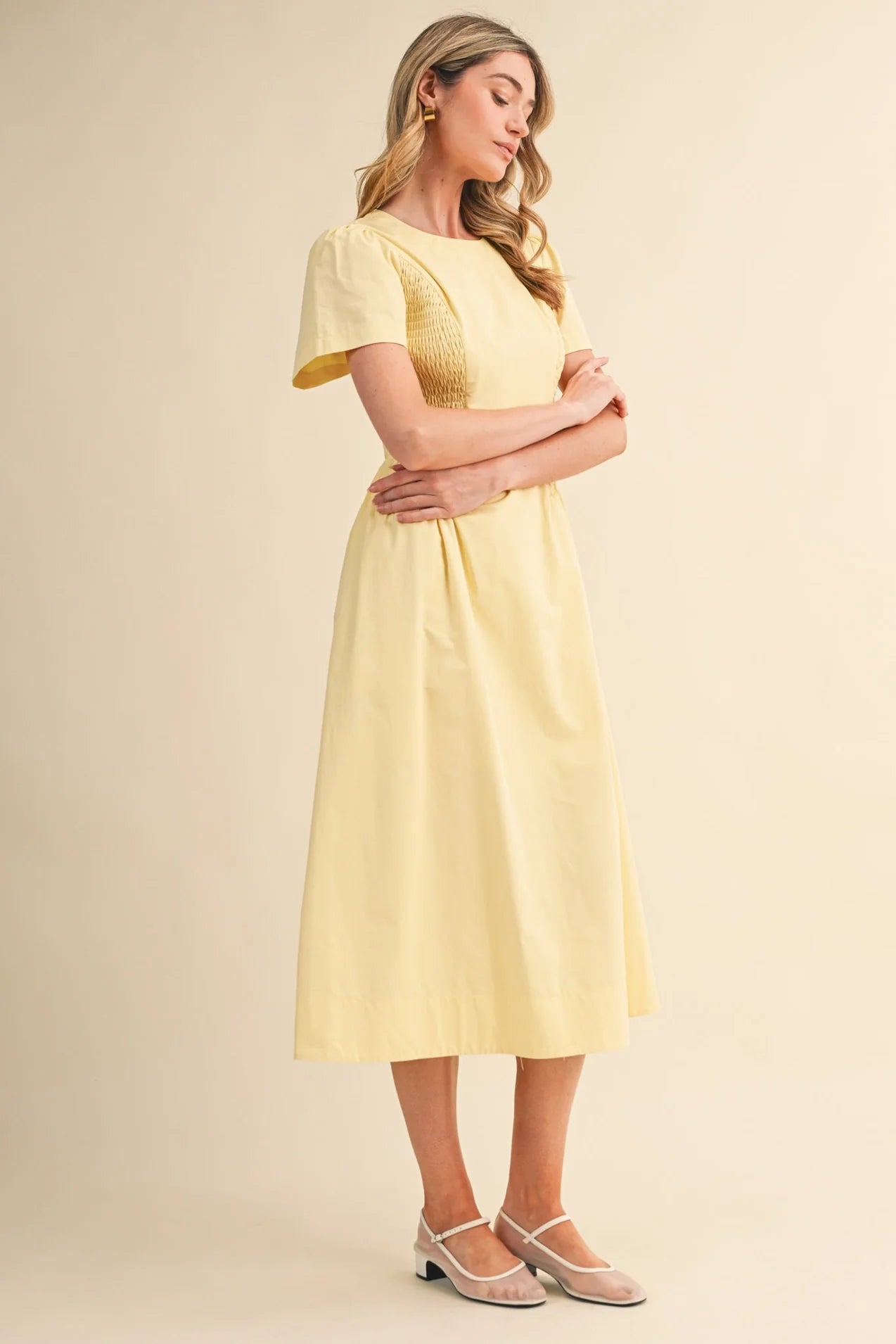 Smocked Side Midi Dress - Lemond Drop