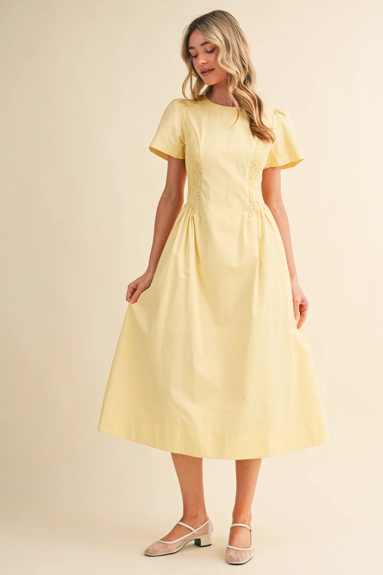 Smocked Side Midi Dress - Lemond Drop