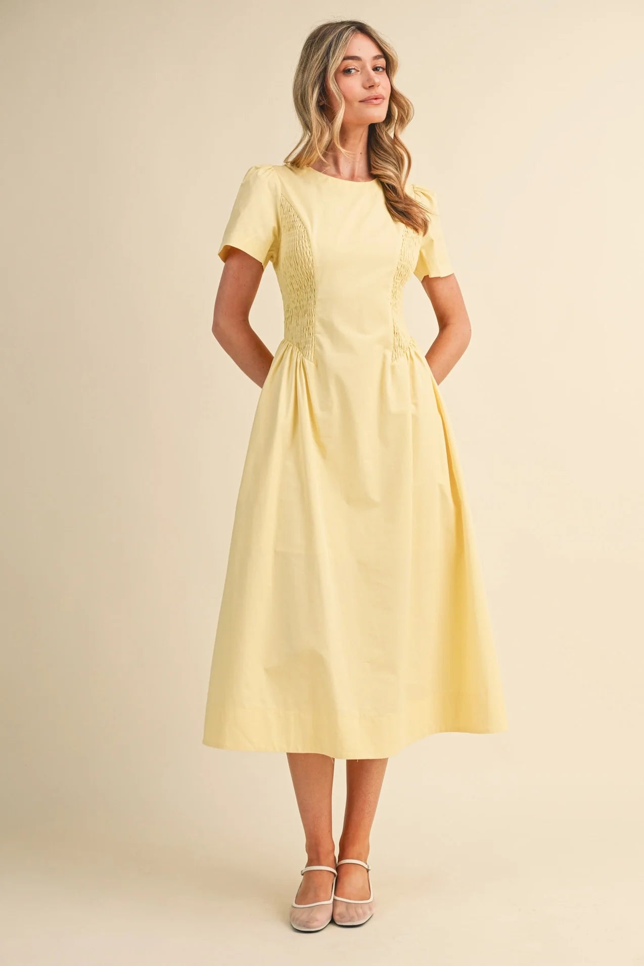 Smocked Side Midi Dress - Lemond Drop