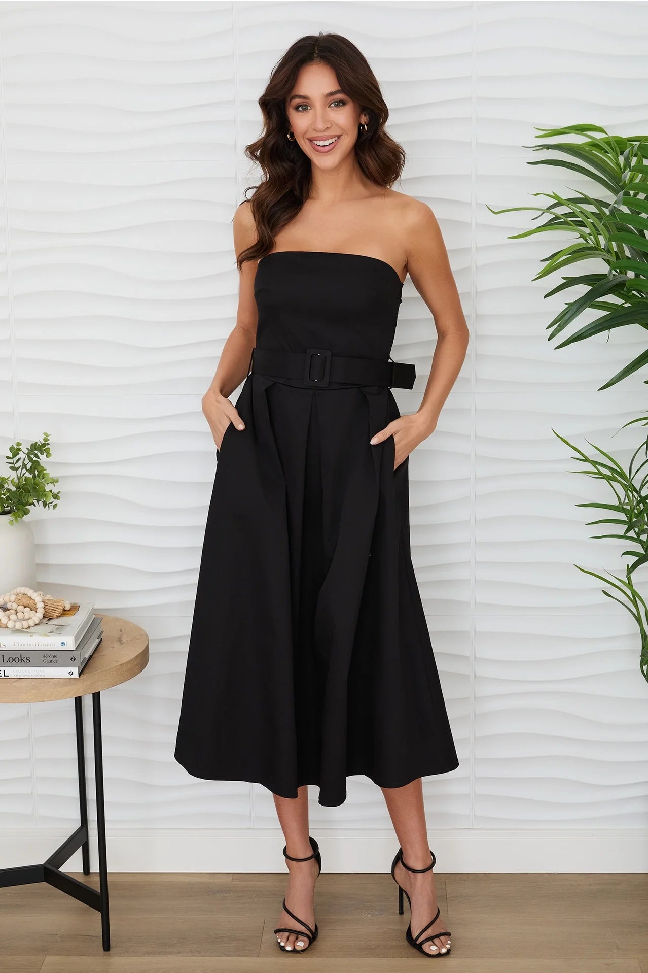 Strapless Midi Dress with Belt