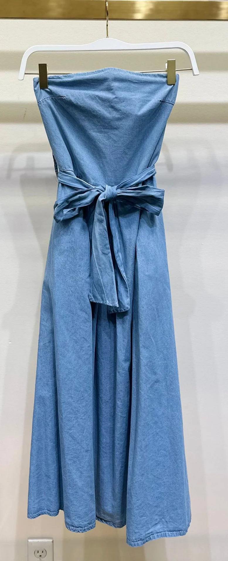 Strapless Smock Back Dress with Tie Belt - Denim Blue
