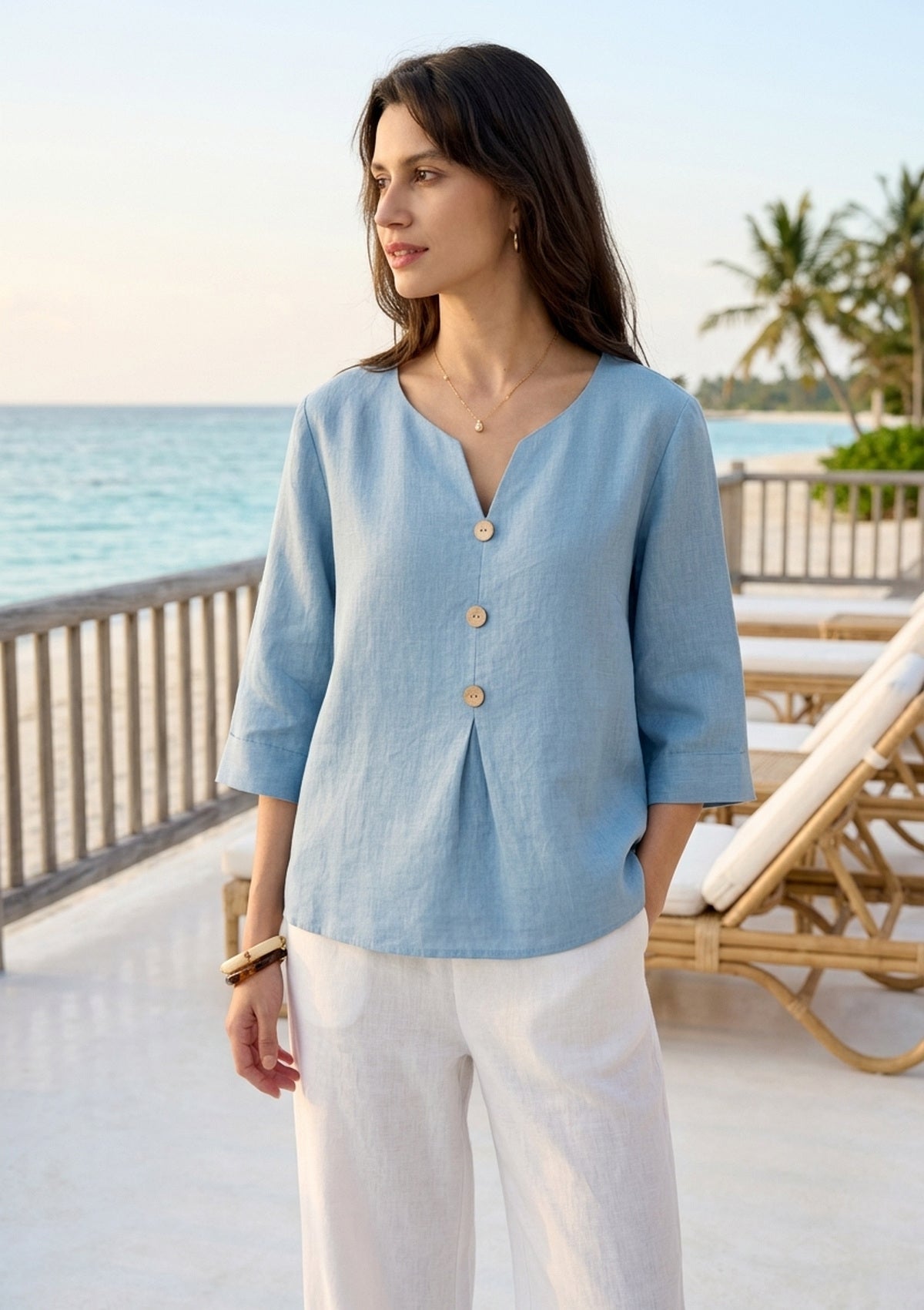 100% Linen Split Neck Inverted Pleat Top TABITHA