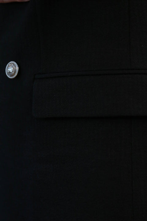 Black Solid Slim Fit Double-Breasted Blazer with Silver Metal Buttons – Wessi