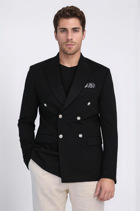 Black Solid Slim Fit Double-Breasted Blazer with Silver Metal Buttons – Wessi