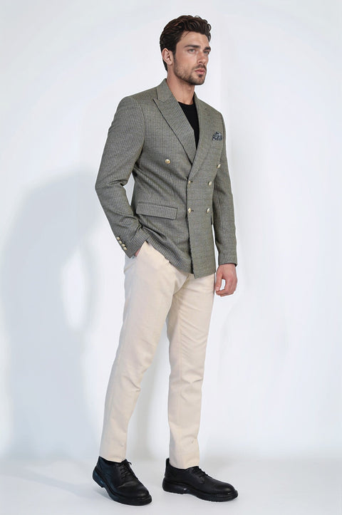 Olive Green Pinstriped Slim Fit Double-Breasted Blazer with Gold Metal Buttons – Wessi
