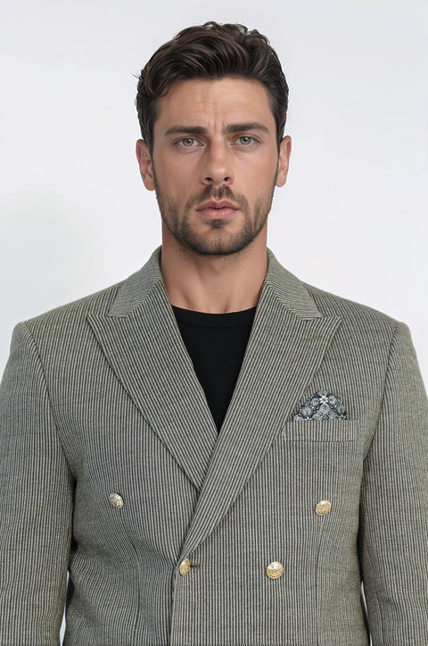 Olive Green Pinstriped Slim Fit Double-Breasted Blazer with Gold Metal Buttons – Wessi