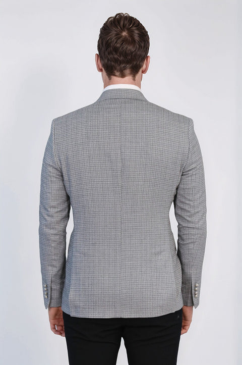 Black Micro-Check Slim Fit Double-Breasted Blazer with Silver Metal Buttons – Wessi