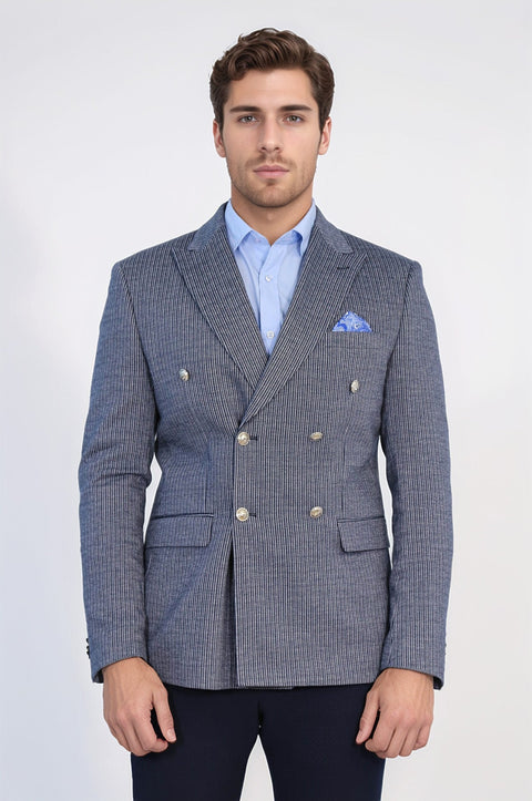 Navy Pinstriped Slim Fit Double-Breasted Blazer with Silver Metal Buttons – Wessi