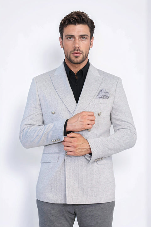 Gray Pinstriped Slim Fit Double-Breasted Blazer with Silver Metal Buttons – Wessi
